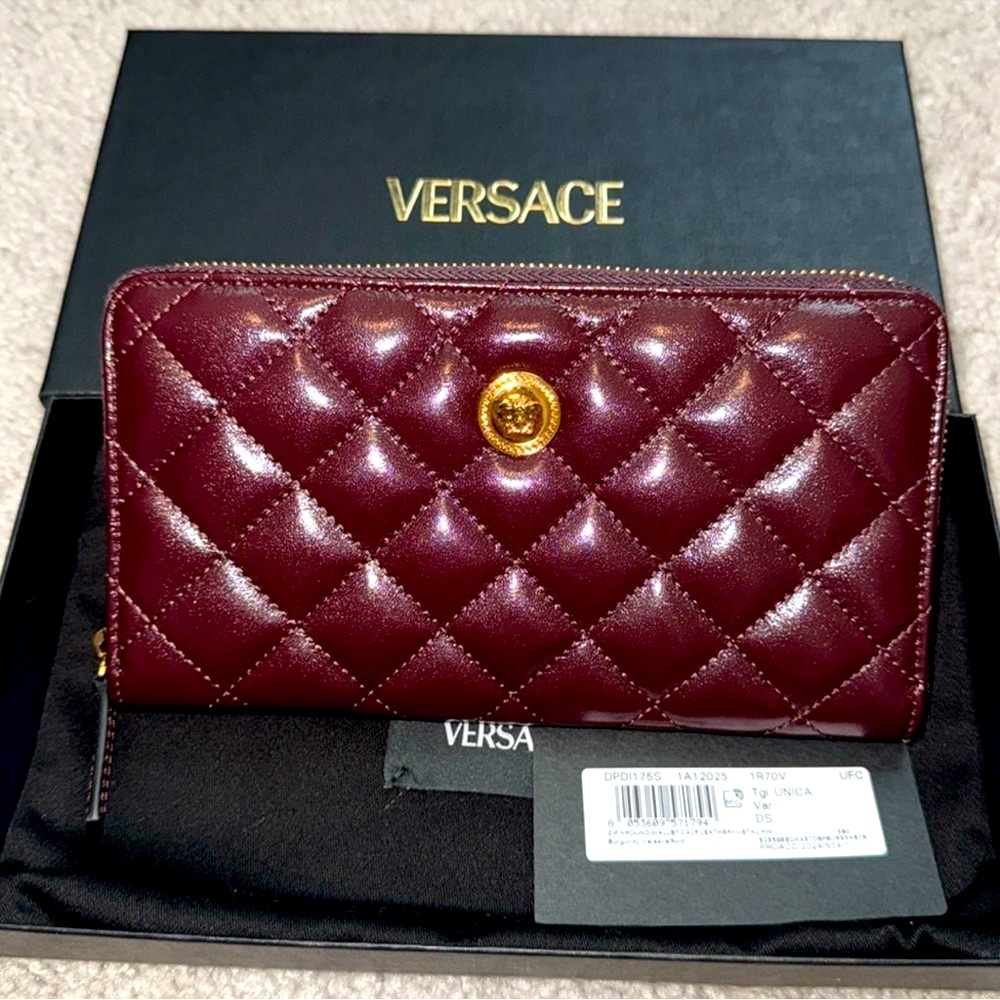 Versace Medusa Burgundy Patent Calf
Leather Quilted Long Wallet